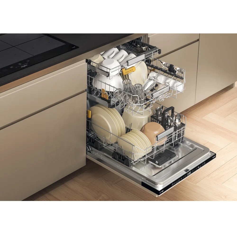 Masina de spalat vase incorporabila WHIRLPOOL W8I HT58 T, 6th Sense, 14 seturi, 8 programe, 60 cm, Clasa B, panou comanda negru