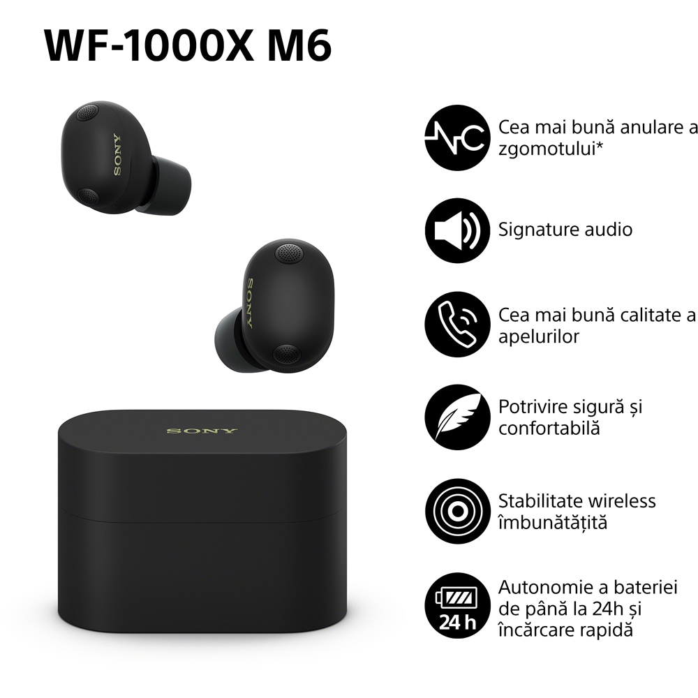 Casti SONY WF-1000XM6B, True Wireless, Bluetooth, In-ear, Microfon, Noise Cancelling, negru