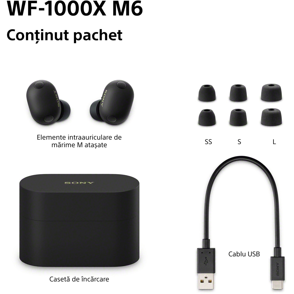 Casti SONY WF-1000XM6B, True Wireless, Bluetooth, In-ear, Microfon, Noise Cancelling, negru
