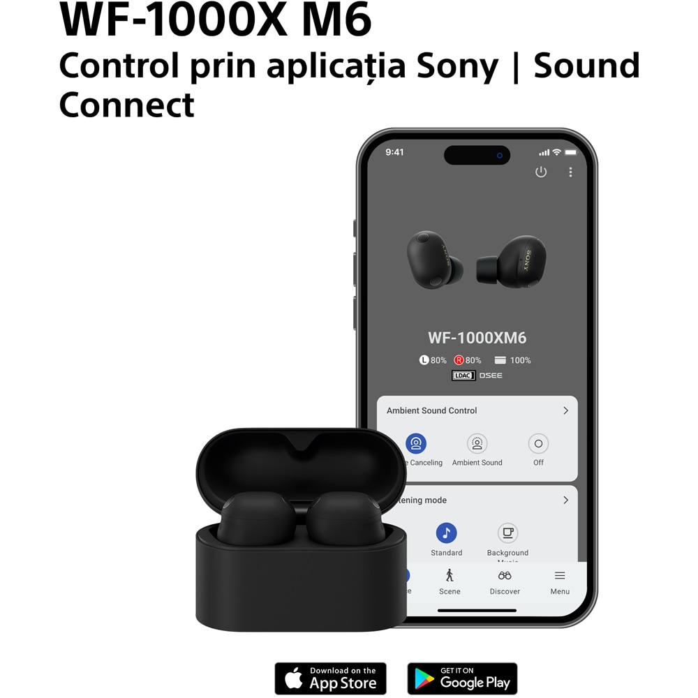 Casti SONY WF-1000XM6S, True Wireless, Bluetooth, In-ear, Microfon, Noise Cancelling, argintiu