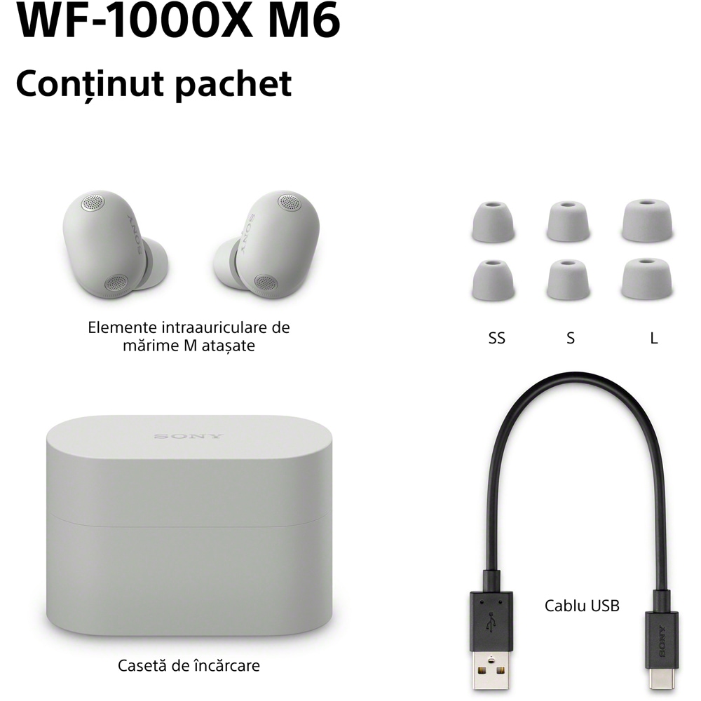 Casti SONY WF-1000XM6S, True Wireless, Bluetooth, In-ear, Microfon, Noise Cancelling, argintiu
