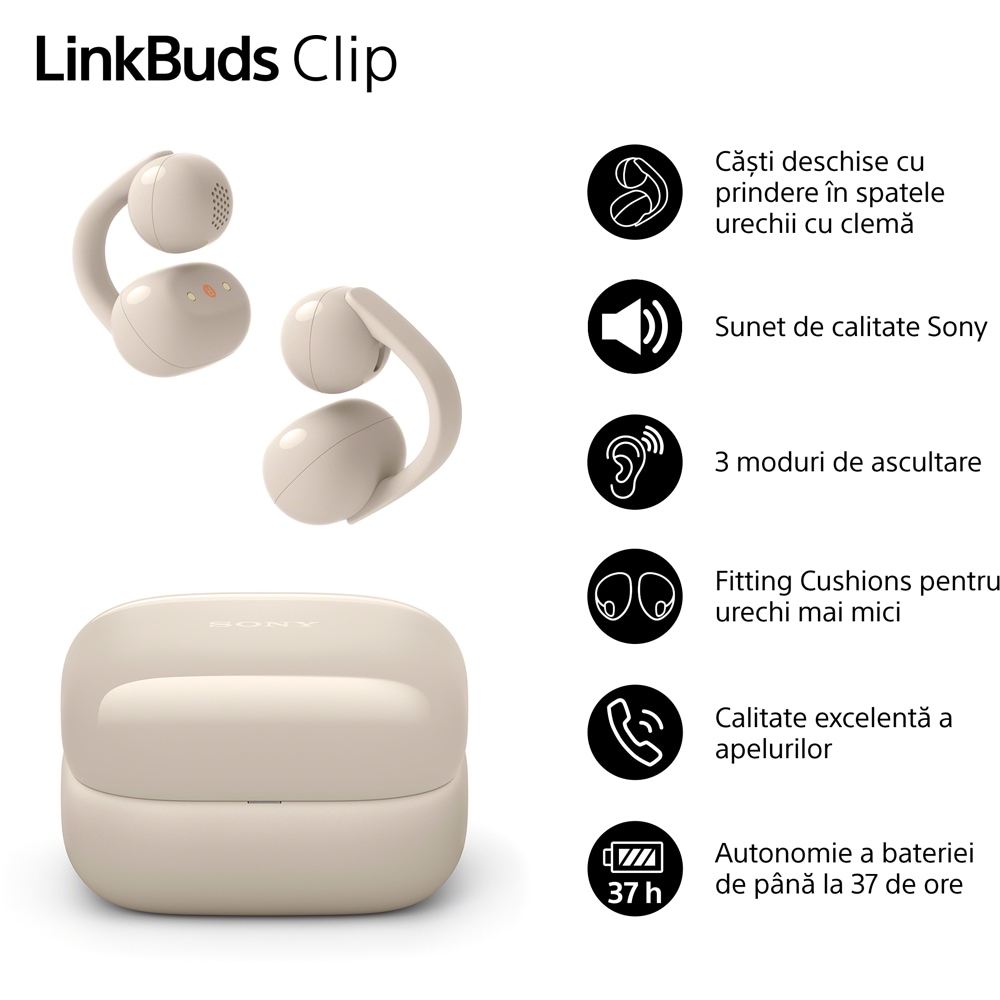 Casti SONY LinkBuds Clip WF-LC900C, True Wireless, Bluetooth, Open-ear, Microfon, bej