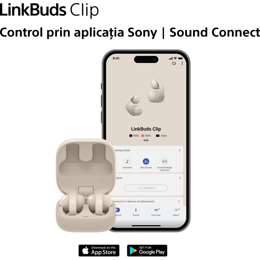 Casti SONY LinkBuds Clip WF-LC900C, True Wireless, Bluetooth, Open-ear, Microfon, bej
