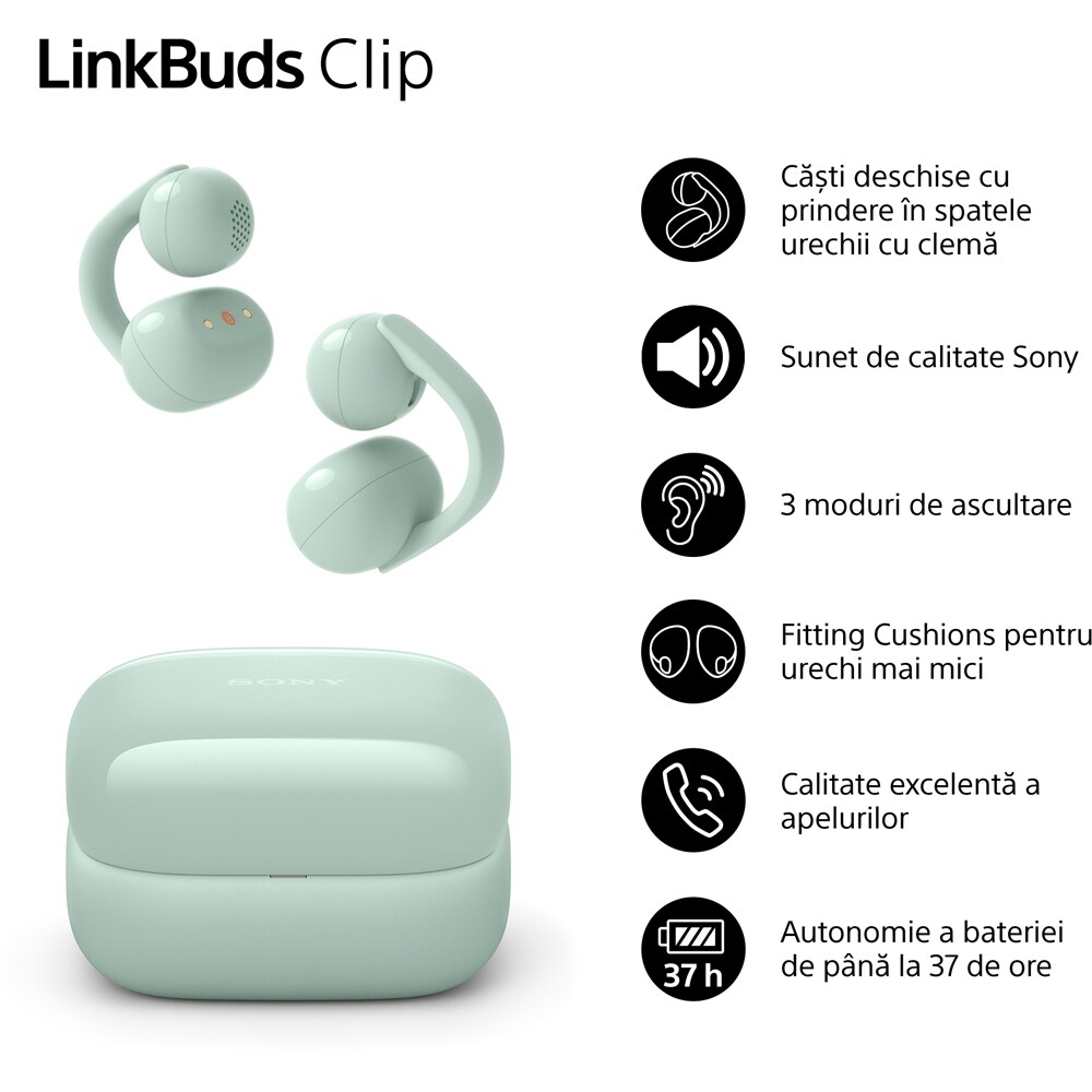 Casti SONY LinkBuds Clip WF-LC900G, True Wireless, Bluetooth, Open-ear, Microfon, verde
