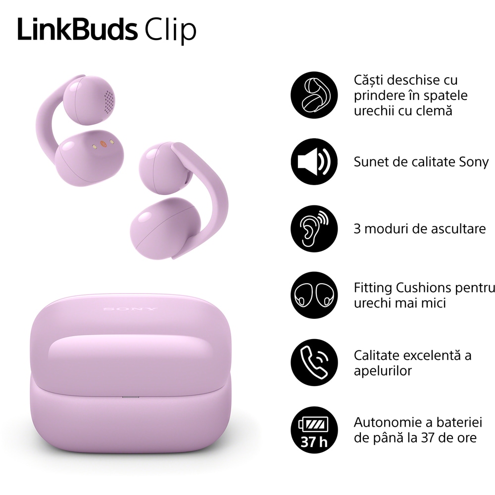 Casti SONY LinkBuds Clip WF-LC900V, True Wireless, Bluetooth, Open-ear, Microfon, violet