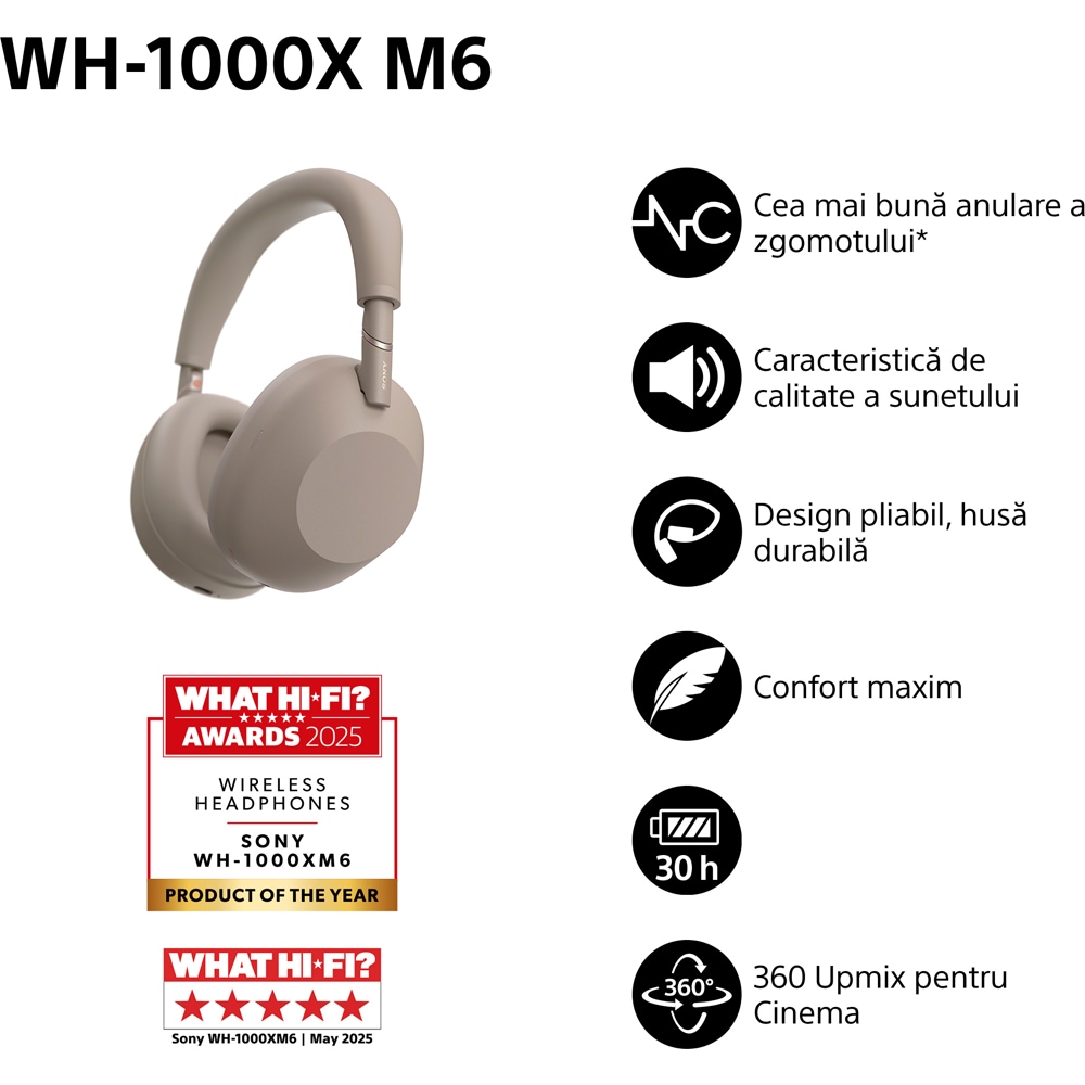Casti SONY WH-1000XM6, Bluetooth, Over-Ear, Microfon, Noise Cancelling, Sandstone