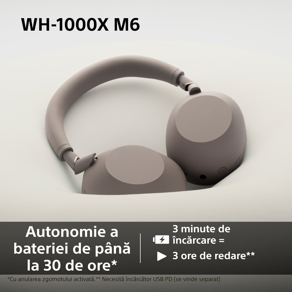 Casti SONY WH-1000XM6, Bluetooth, Over-Ear, Microfon, Noise Cancelling, Sandstone