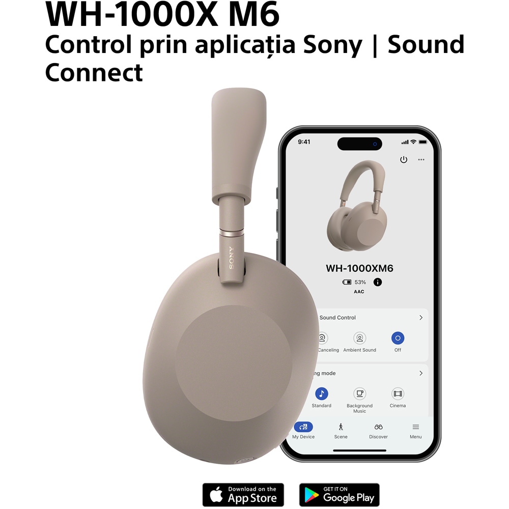 Casti SONY WH-1000XM6, Bluetooth, Over-Ear, Microfon, Noise Cancelling, Sandstone