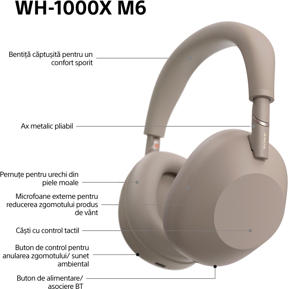 Casti SONY WH-1000XM6, Bluetooth, Over-Ear, Microfon, Noise Cancelling, Sandstone