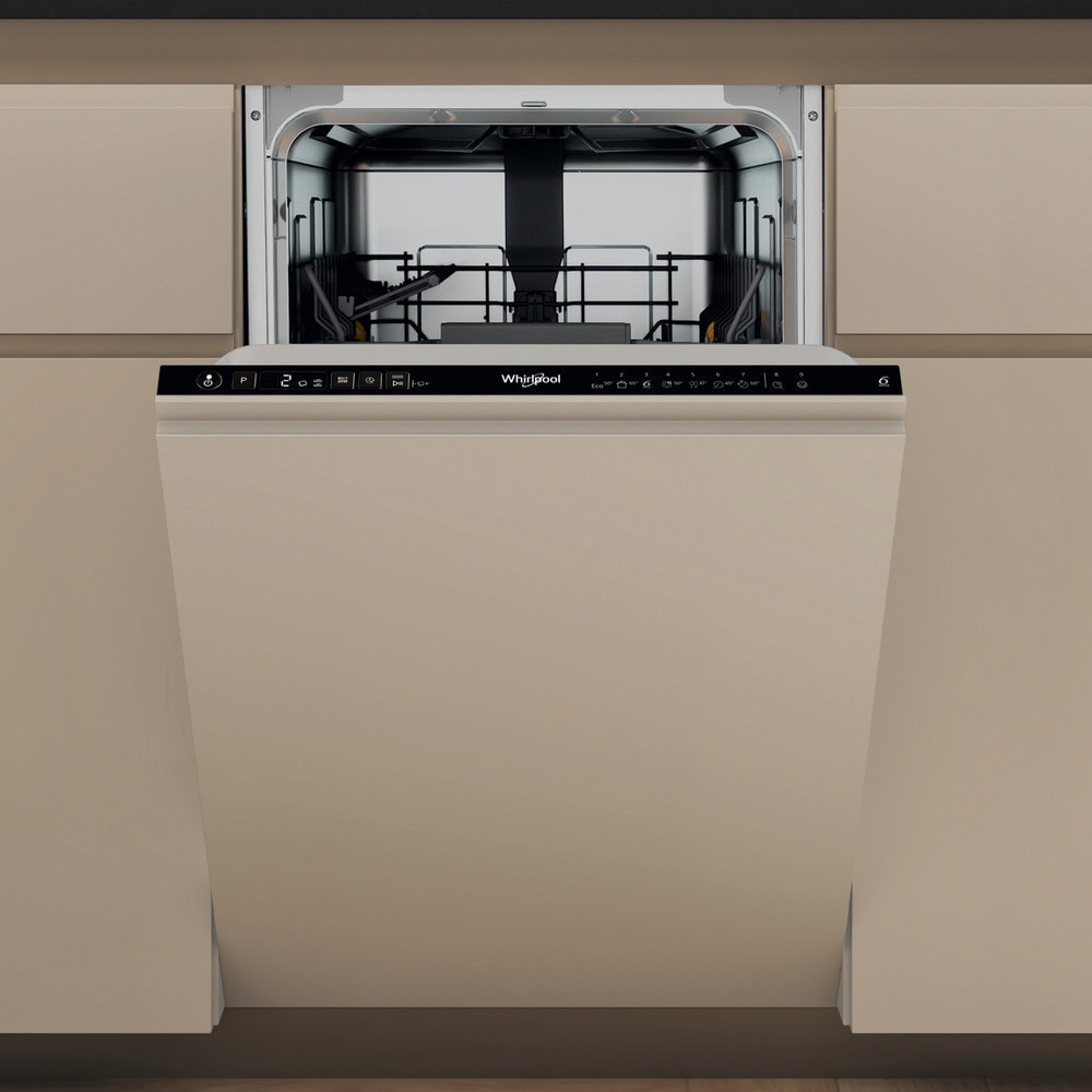 Masina de spalat vase incorporabila WHIRLPOOL WH2IC10BS7LA0, 6th Sense, 10 seturi, 9 programe, 45 cm, Clasa C, panou comanda negru