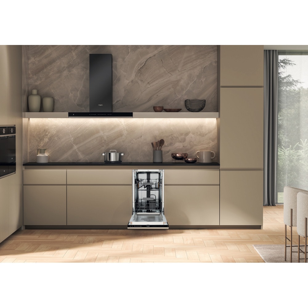 Masina de spalat vase incorporabila WHIRLPOOL WH2IC10BS7LA0, 6th Sense, 10 seturi, 9 programe, 45 cm, Clasa C, panou comanda negru