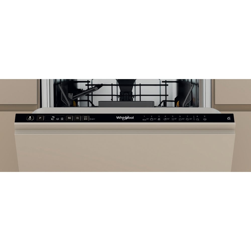 Masina de spalat vase incorporabila WHIRLPOOL WH2IC10BS7LA0, 6th Sense, 10 seturi, 9 programe, 45 cm, Clasa C, panou comanda negru