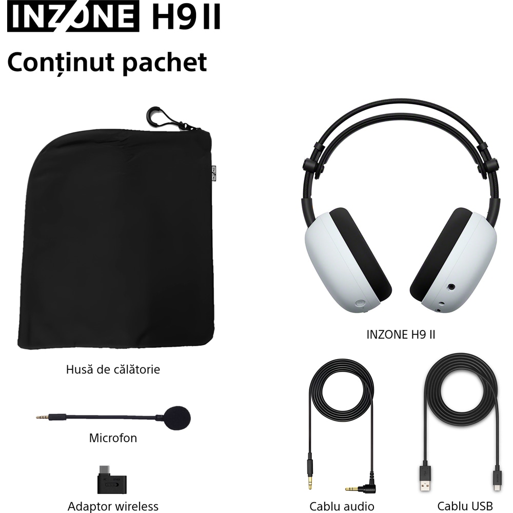 Casti Gaming Wireless SONY INZONE H9 II WH-G910NW, 7.1, multiplatforma, Noise Cancelling, alb