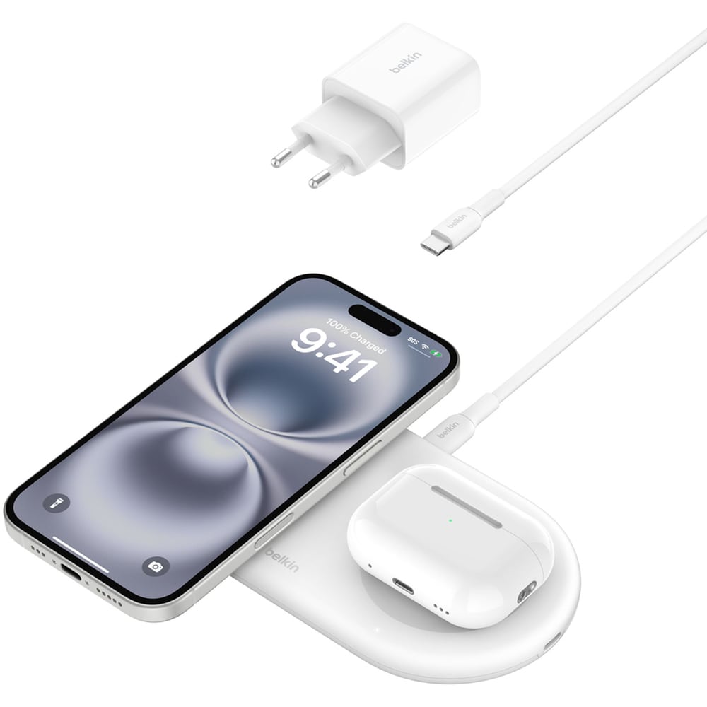 Incarcator wireless 2 in 1 BELKIN WIZ021VFWH, universal, QI, MagSafe 15W, alb