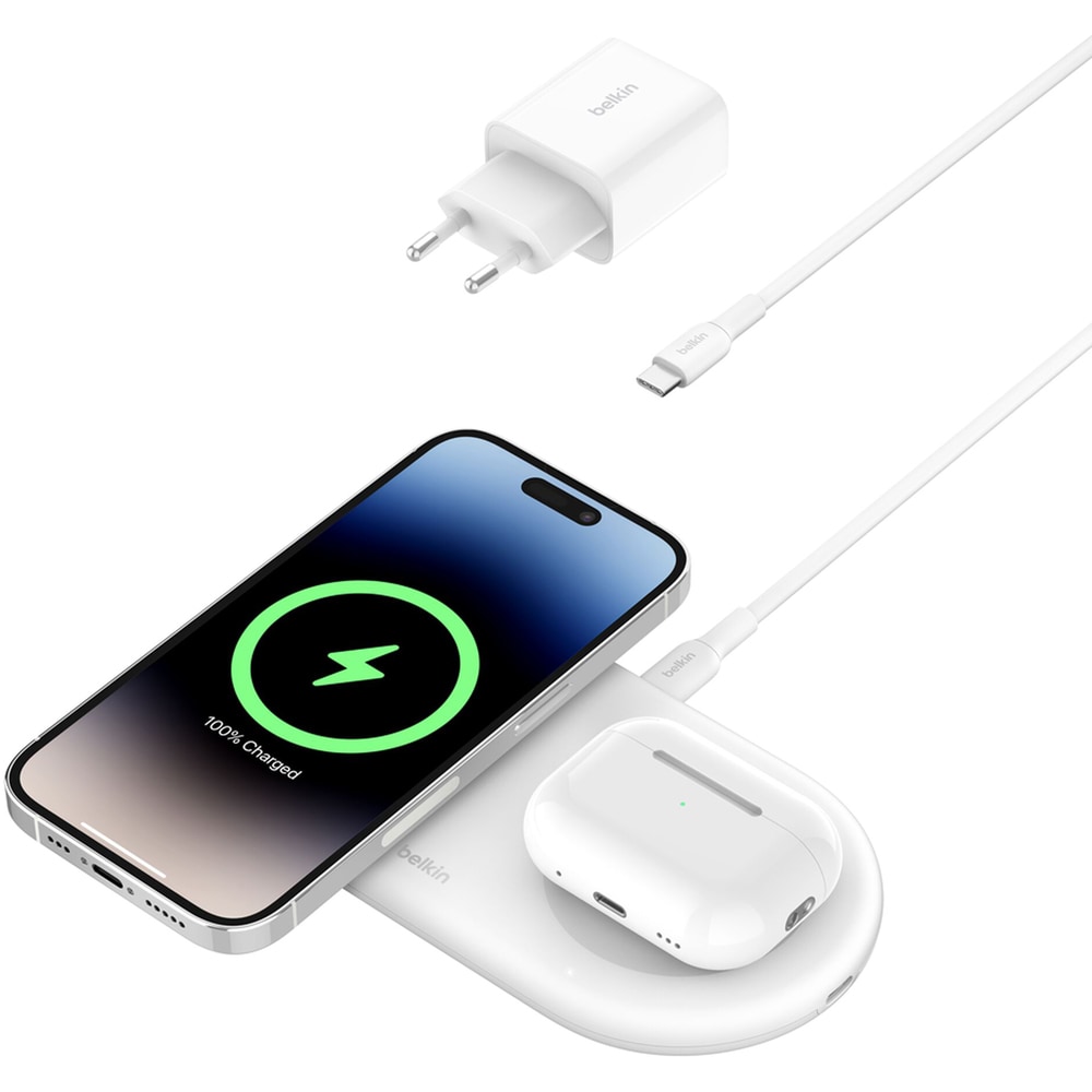 Incarcator wireless 2 in 1 BELKIN WIZ021VFWH, universal, QI, MagSafe 15W, alb