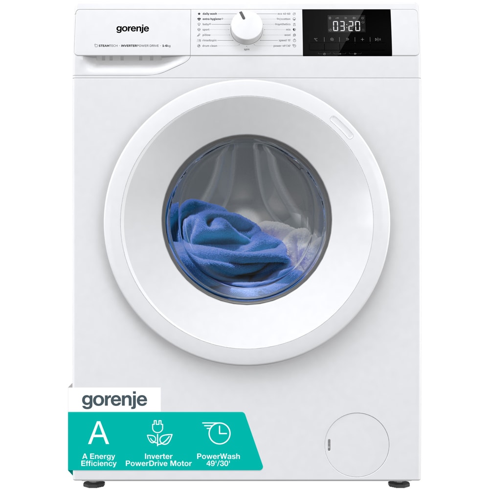 Masina de spalat rufe frontala slim GORENJE WNGPI62SAS, SteamTech, 6 kg, 1200rpm, Clasa A, alb