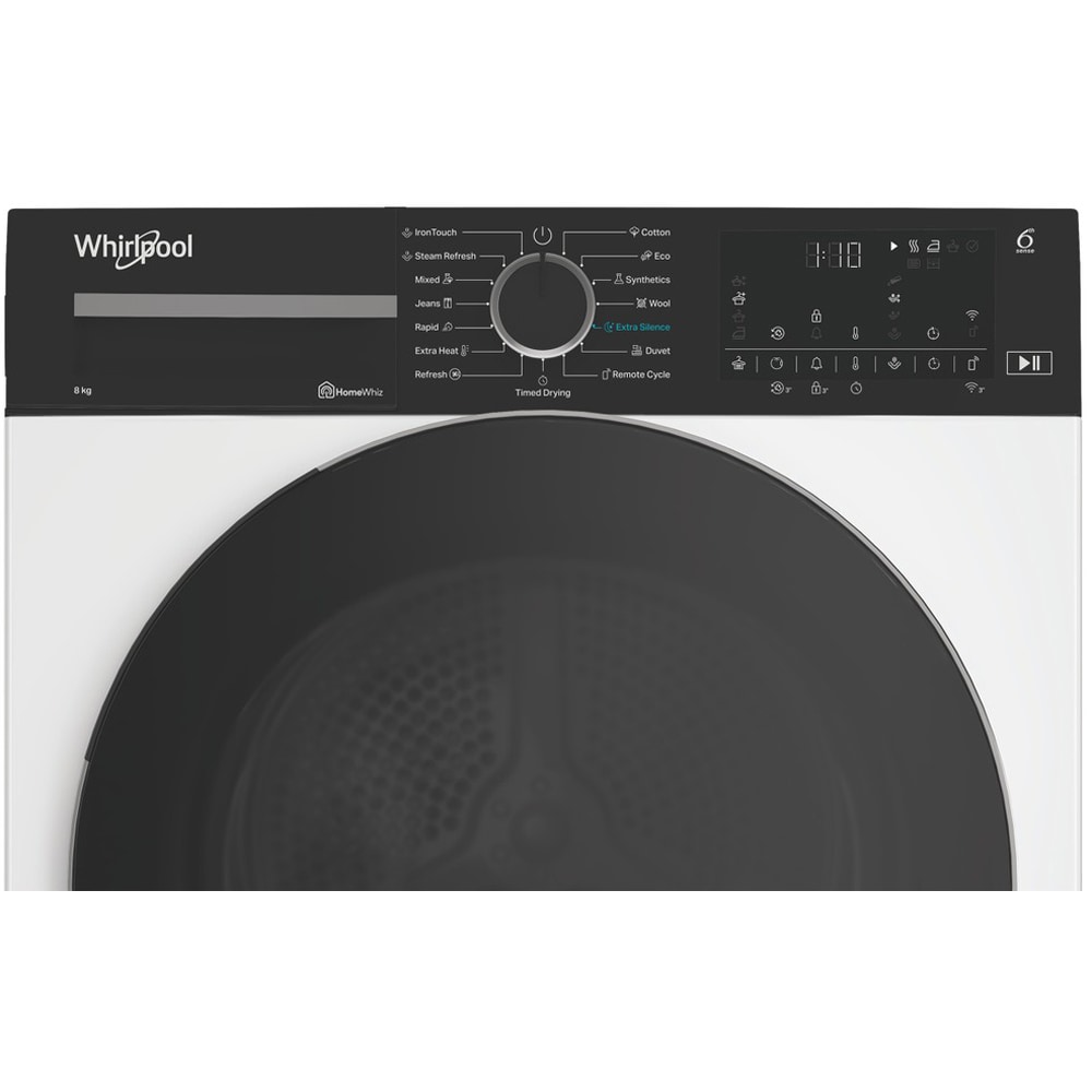 Uscator de rufe WHIRLPOOL WP B8X WBS EE, 6th Sense, Pompa de caldura, 8 kg, 15 programe, Clasa B, alb