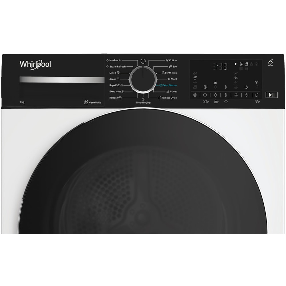 Uscator de rufe WHIRLPOOL WP B9X WBS EE, 6th Sense, Pompa de caldura, 9 kg, 15 programe, Clasa B, alb