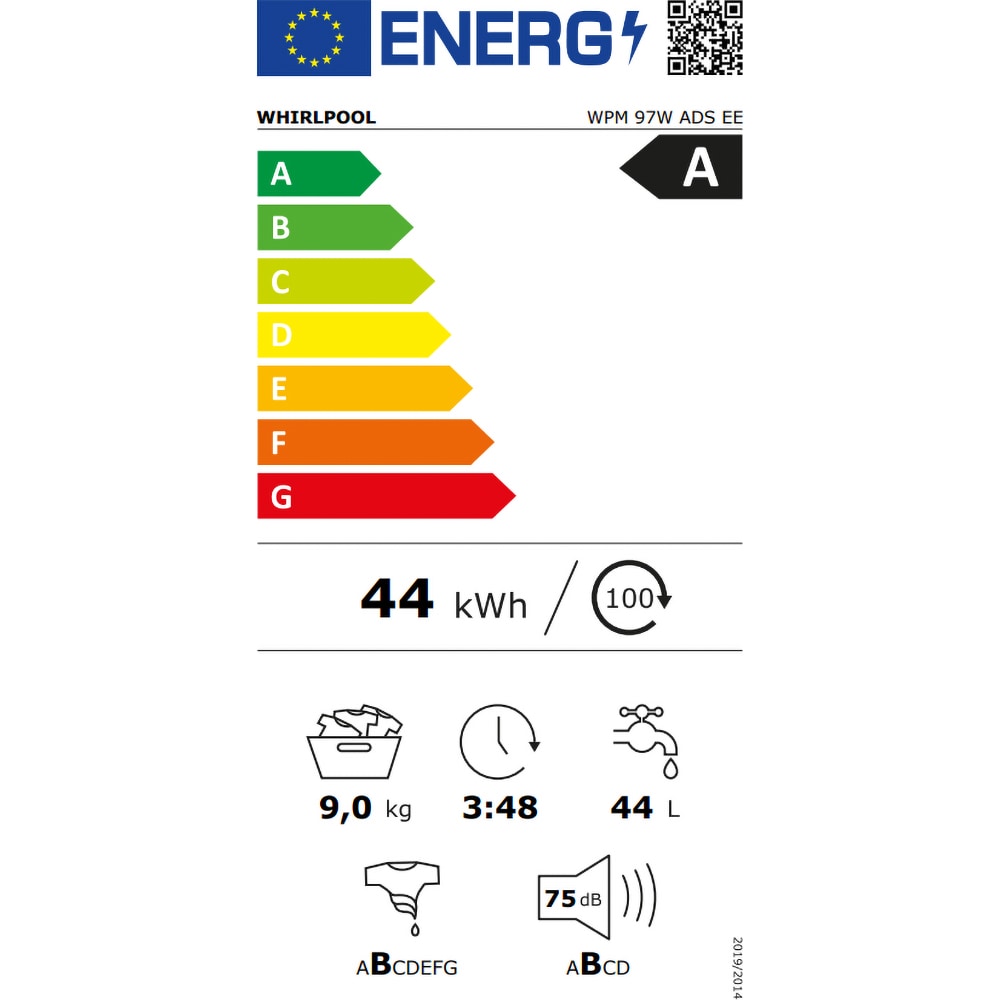 Masina de spalat rufe frontala WHIRLPOOL WPM 97W ADS EE, 6th Sense, Steam, 9 kg, 1400rpm, Clasa A, alb