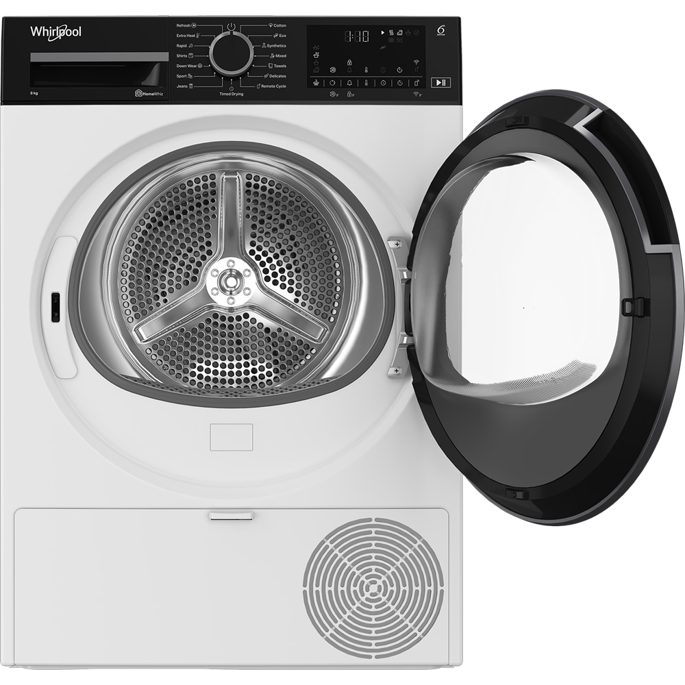 Uscator de rufe WHIRLPOOL WPS D8X WBS EE, 6th Sense, Pompa de caldura, 8 kg, 15 programe, Clasa D, alb