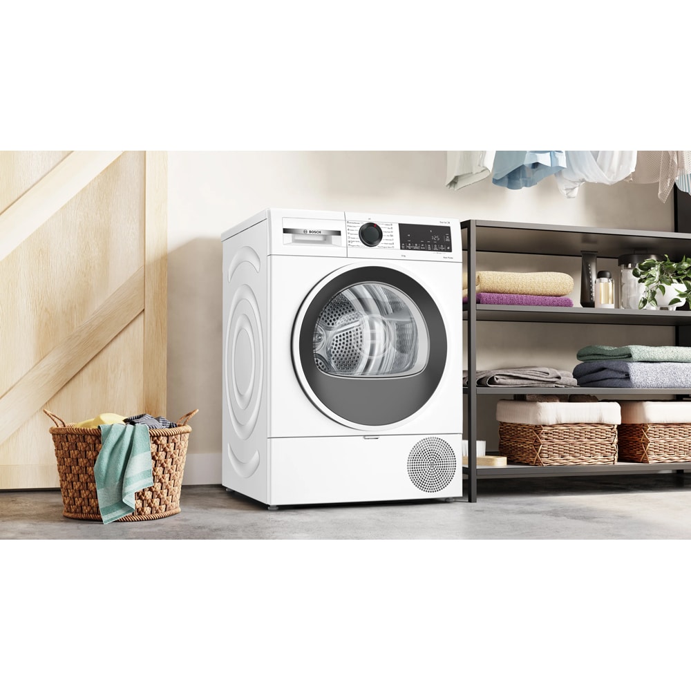 Uscator de rufe BOSCH WQG243DMBY, Condensare si pompa de caldura, 9 kg, 14 programe, Clasa C, alb