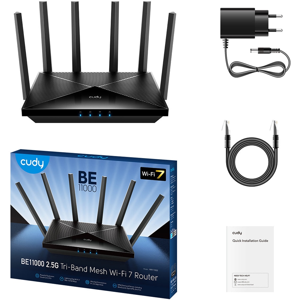Router Wireless Gigabit CUDY WR11000, Wi-Fi 7, Tri-Band 688 + 4324 + 5765 Mbps, negru