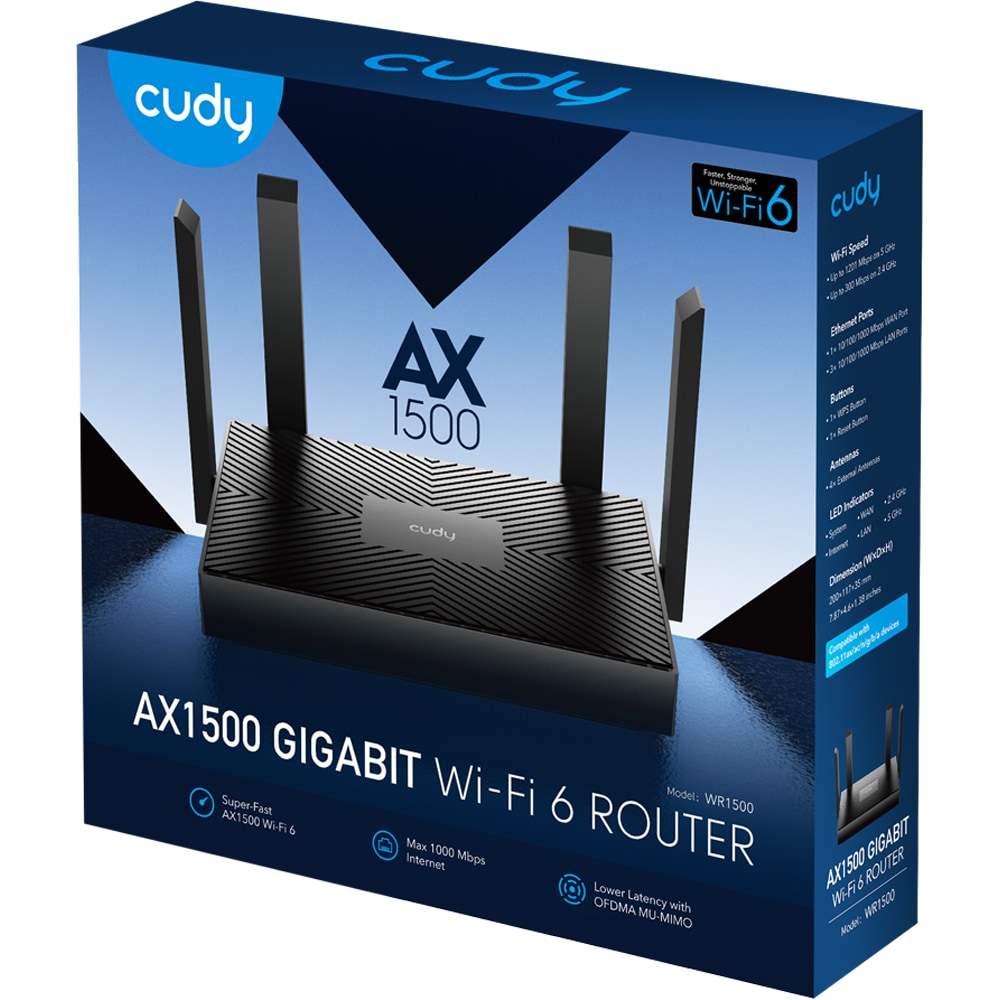 Router Wireless Gigabit CUDY WR1500 AX1500, Wi-Fi 6, Dual-Band 300 + 1201 Mbps, negru