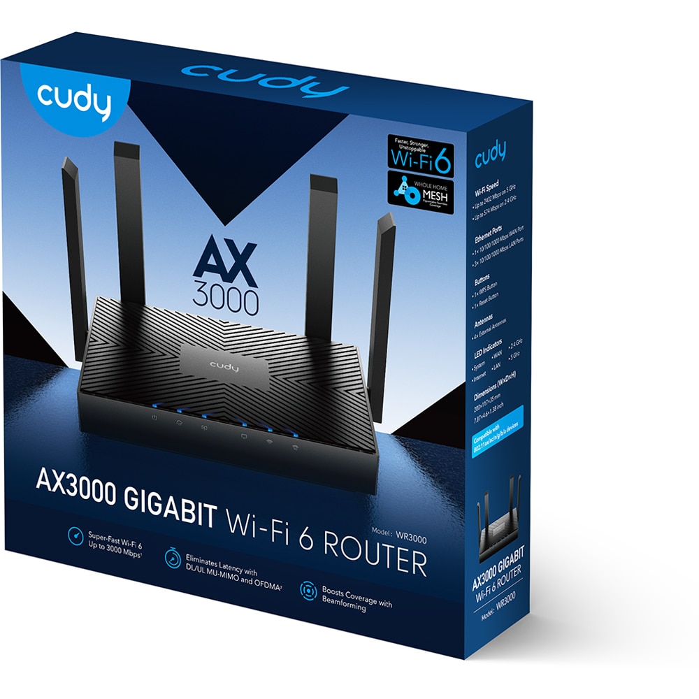 Router Wireless Gigabit CUDY WR3000 AX3000, Wi-Fi 6, Dual-Band 574 + 2402 Mbps, negru