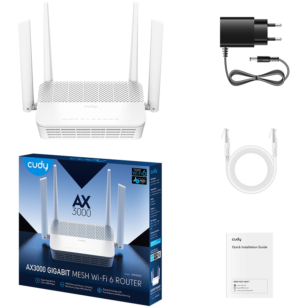 Router Wireless Gigabit CUDY WR3000S AX3000, Wi-Fi 6, Dual-Band 574 + 2402 Mbps, alb