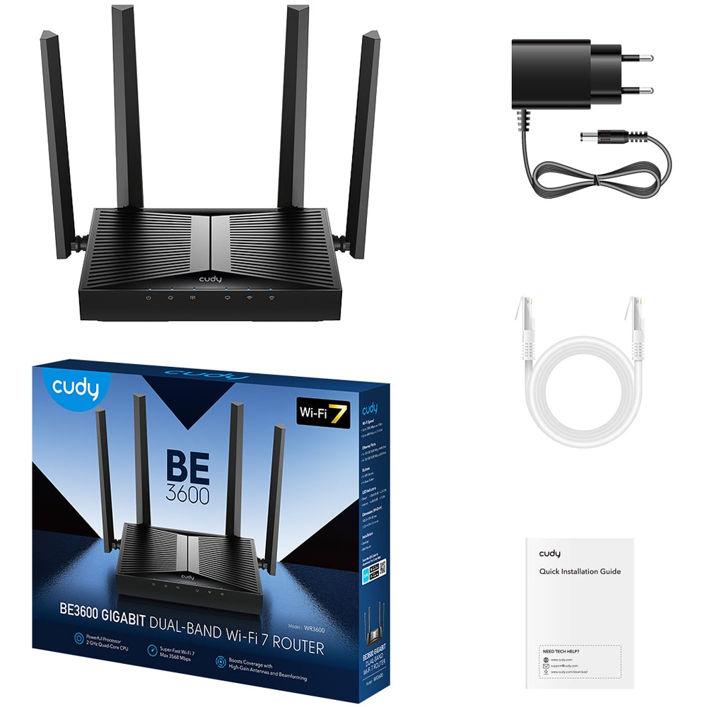 Router Wireless Gigabit CUDY WR3600 BE3600, Wi-Fi 7, Dual-Band 688 + 2882 Mbps, negru