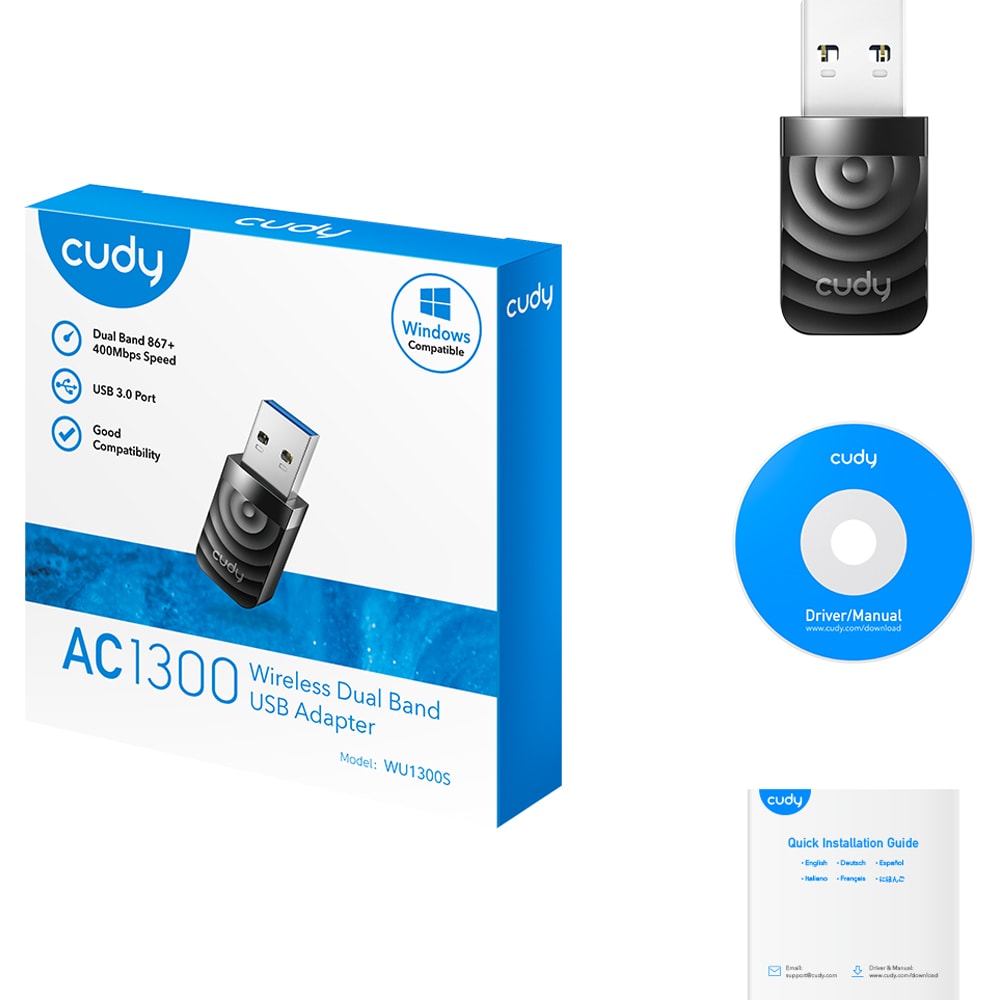 Adaptor USB Wireless CUDY WU1300S AC1300, Dual-Band 400 + 867 Mbps, negru