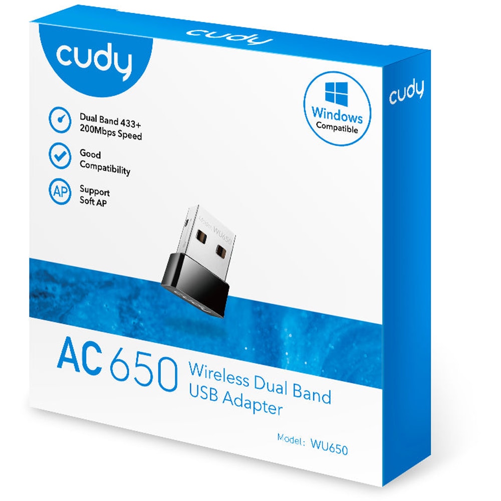 Adaptor USB Wireless CUDY WU650 AC650, Dual-Band 200 + 433 Mbps, negru