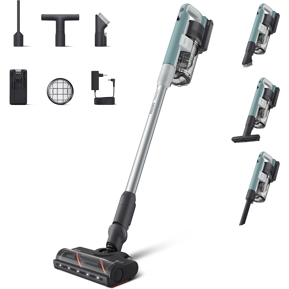 Aspirator vertical PHILIPS PowerUp 2 XC2233/10, 0.61l, autonomie max 50 min, Tehnologie PowerUp, verde deschis-argintiu