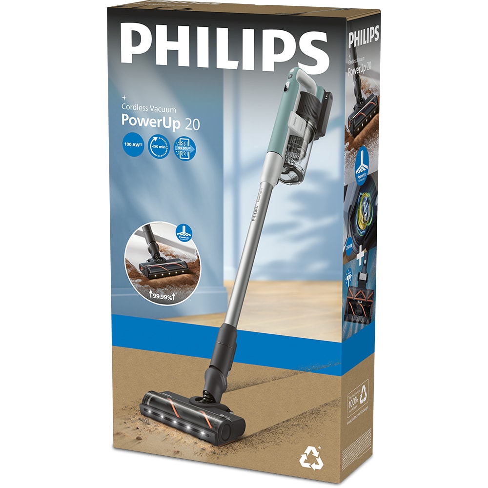 Aspirator vertical PHILIPS PowerUp 2 XC2233/10, 0.61l, autonomie max 50 min, Tehnologie PowerUp, verde deschis-argintiu