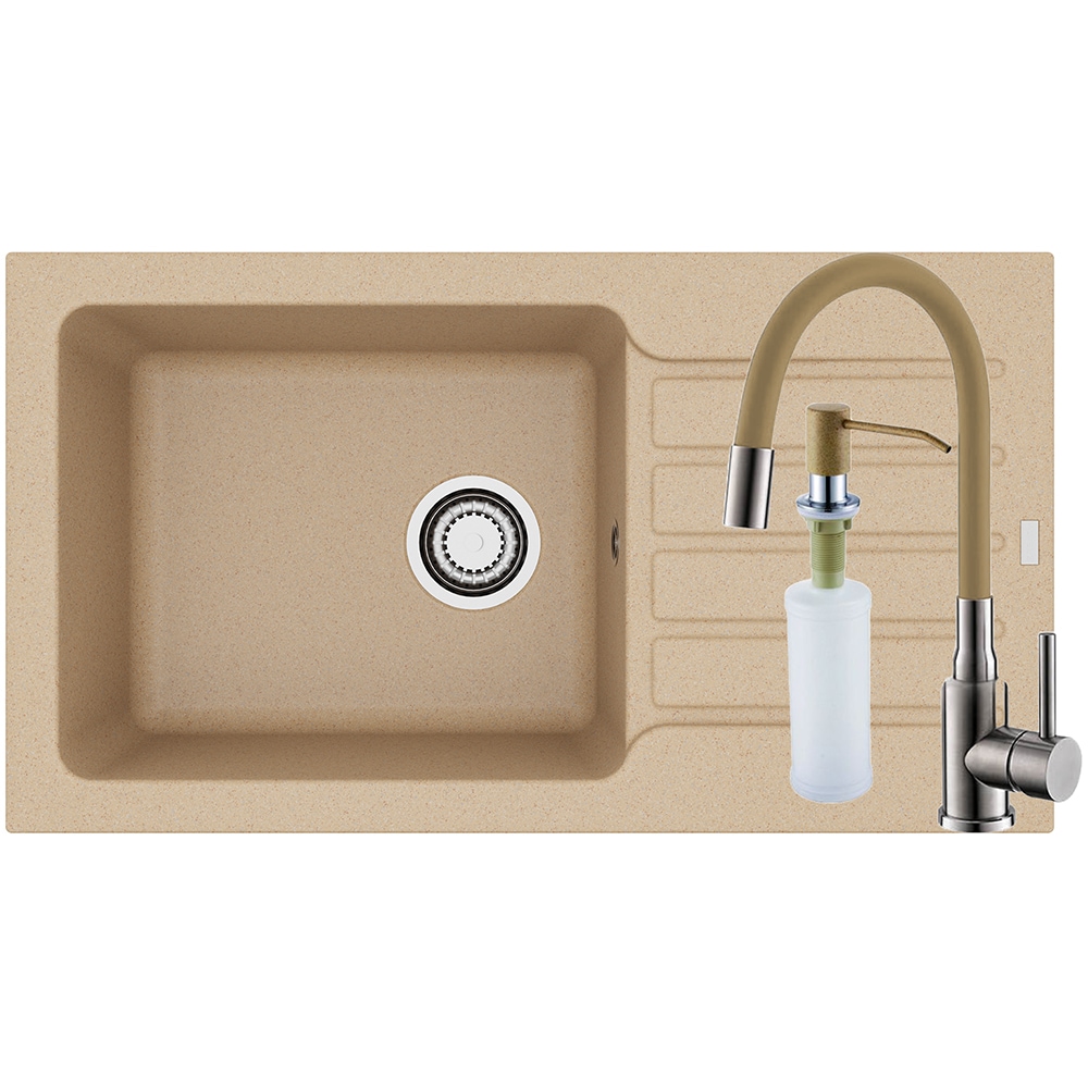 Pachet chiuveta ALVEUS Niagara 90 G55, 1 cuva, picurator reversibil, compozit granit+ baterie Flexa + dozator, bej