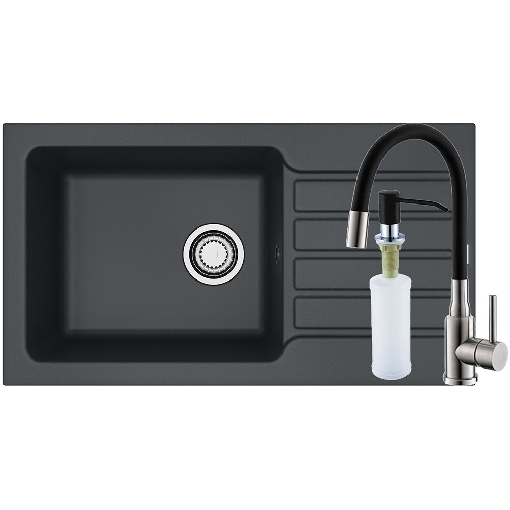 Pachet chiuveta ALVEUS Niagara 90 G91, 1 cuva, picurator reversibil, compozit granit + baterie Flexa + dozator, negru
