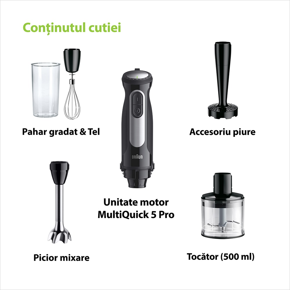 Mixer vertical BRAUN MultiQuick 5 Pro MQ55307M, 0.6l, 1000W, 25 trepte viteza, negru-argintiu