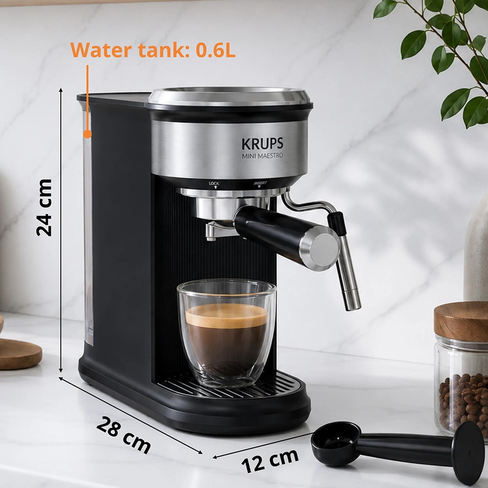 Espressor manual KRUPS Mini Maestro XP350DE0, 0.6l, 1350W, 20 bar, negru-argintiu