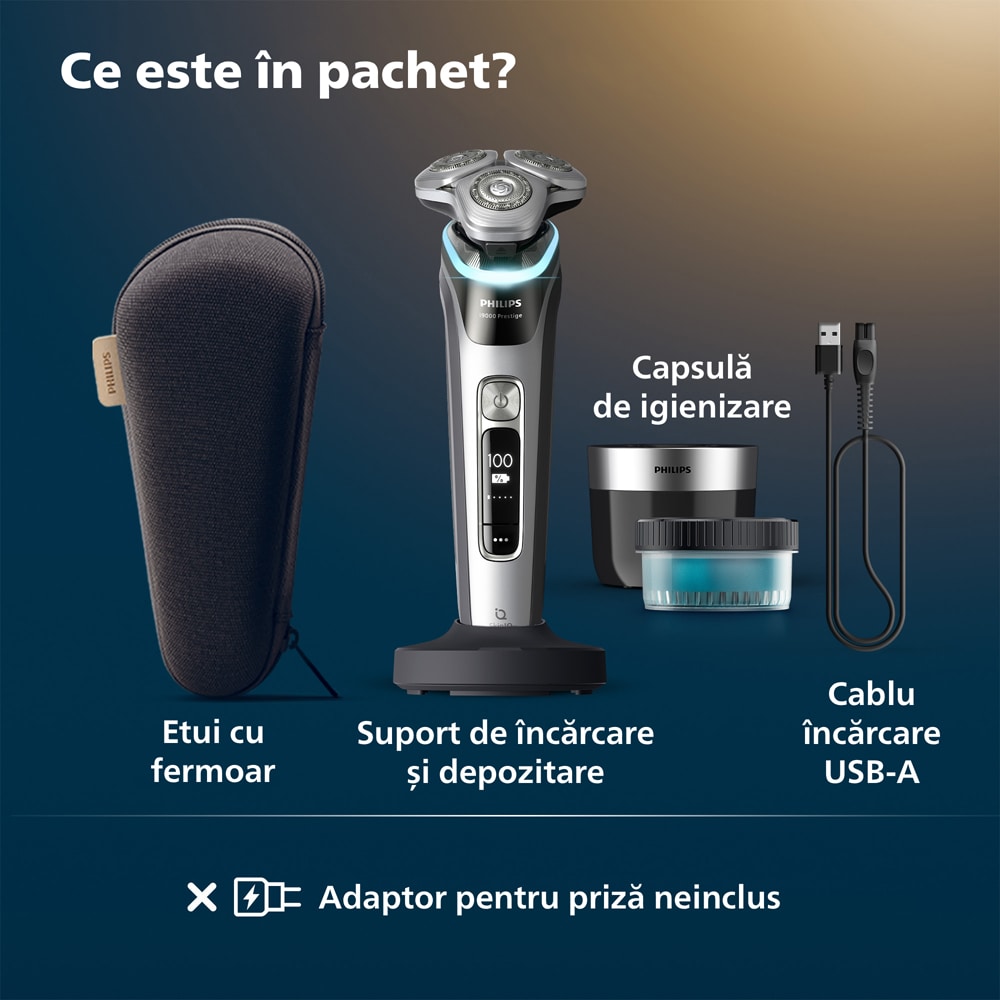 Aparat de ras PHILIPS i9000 Prestige XP9204/30, acumulator, autonomie 60 min, SkinIQ, argintiu