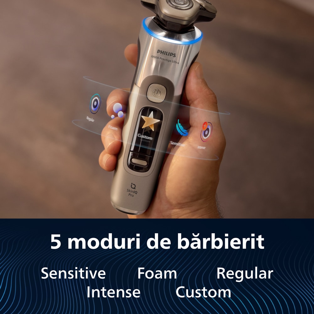 Aparat de ras PHILIPS i9000 Prestige Ultra XP9403/31, acumulator, autonomie 60 min, SkinIQ, auriu