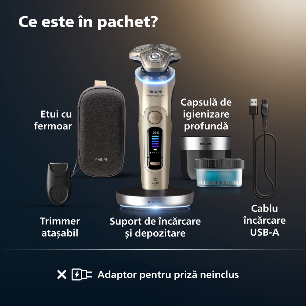 Aparat de ras PHILIPS i9000 Prestige Ultra XP9403/31, acumulator, autonomie 60 min, SkinIQ, auriu