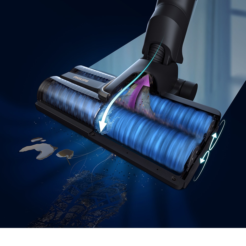 Aspirator vertical PHILIPS AquaTrio Seria 7000 XW7110/01, 0.67l, 25.9V, autonomie max 25 min, sistem Aqua Diffusion, negru-albastru