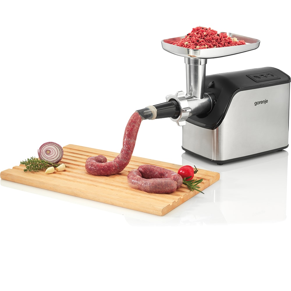 Masina de tocat carne GORENJE MG2202SXE, 2.2kg/min, 2200W, accesoriu carnati/biscuiti/suc de rosii, argintiu-negru