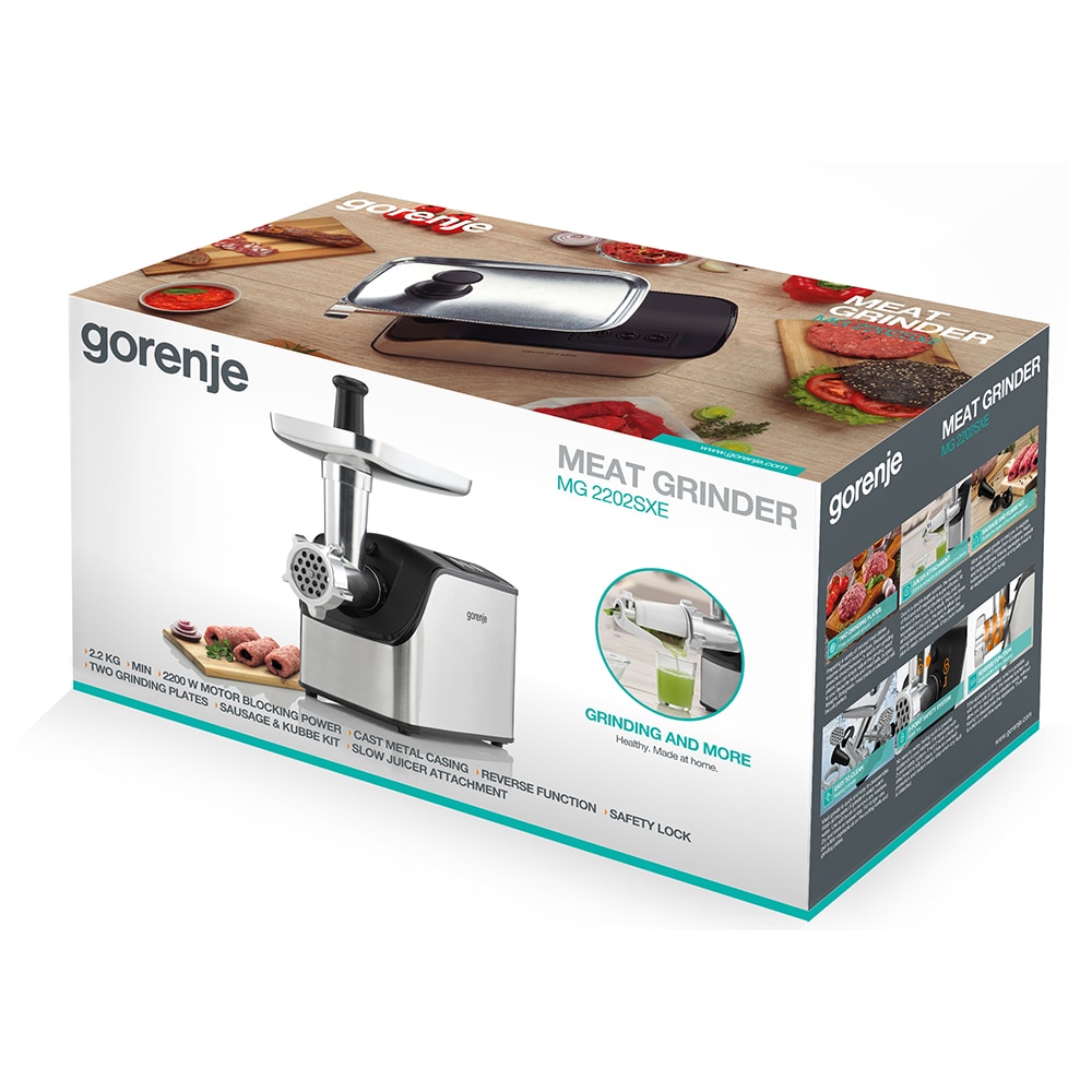 Masina de tocat carne GORENJE MG2202SXE, 2.2kg/min, 2200W, accesoriu carnati/biscuiti/suc de rosii, argintiu-negru