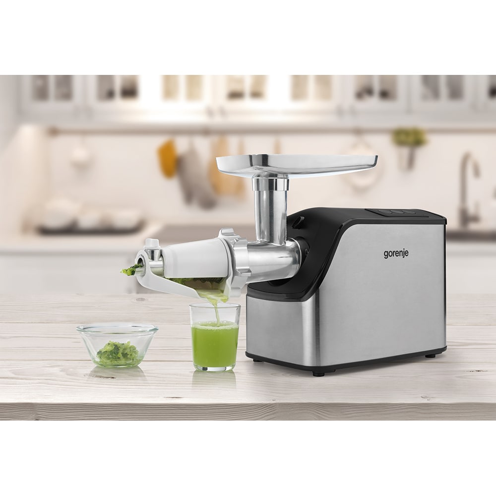 Masina de tocat carne GORENJE MG2202SXE, 2.2kg/min, 2200W, accesoriu carnati/biscuiti/suc de rosii, argintiu-negru