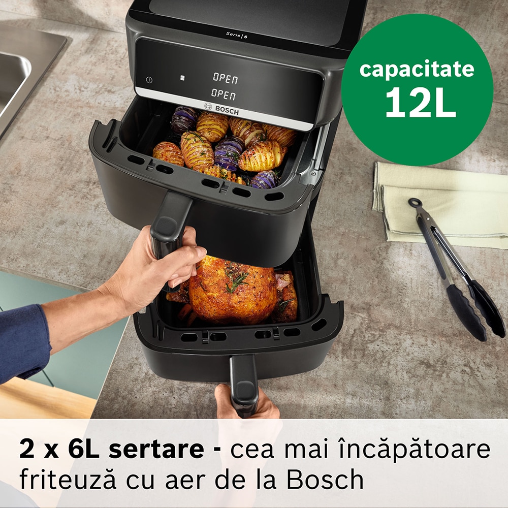 Friteuza cu aer cald dubla BOSCH Seria 6 MAFD661B4, 12l, 2800W, negru
