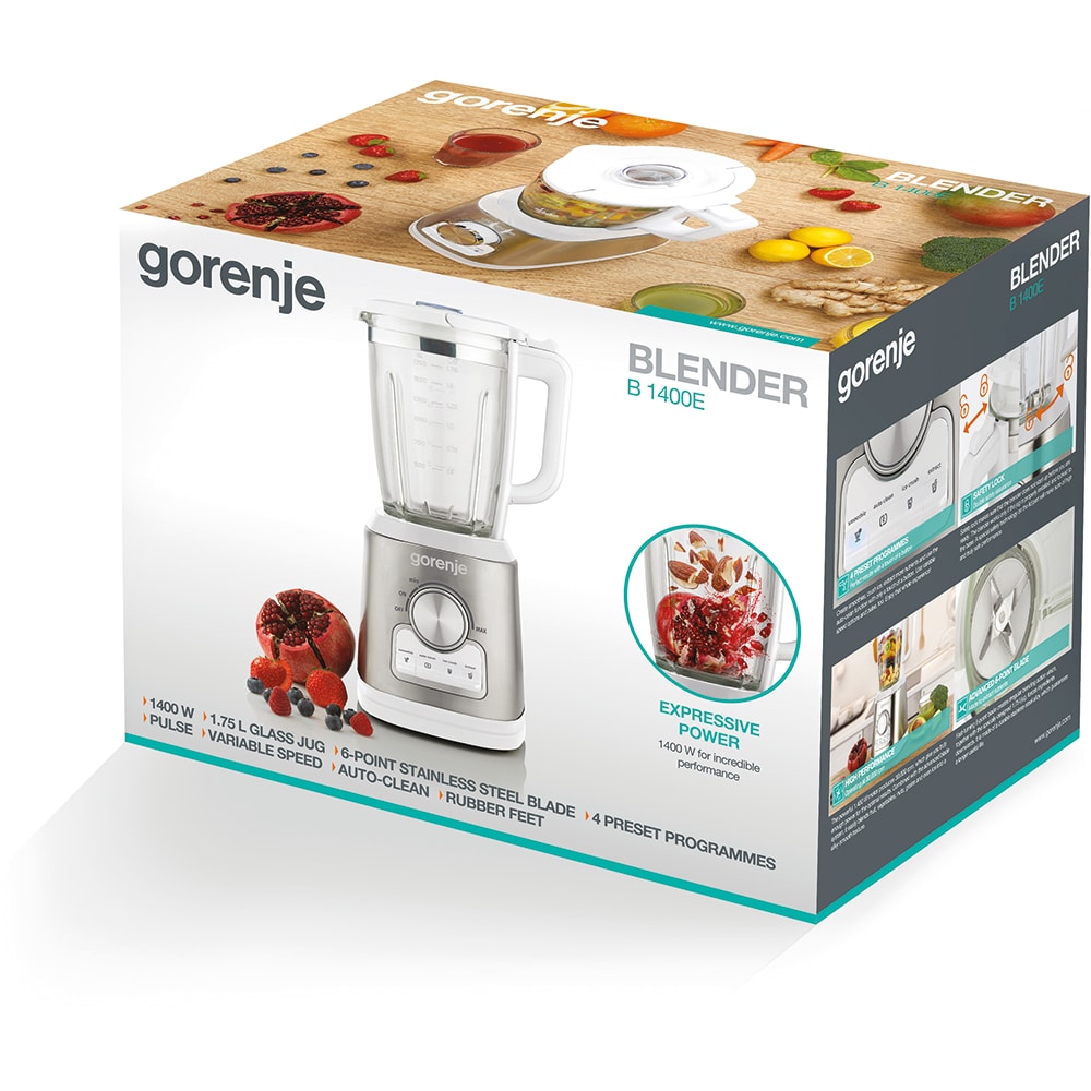 Blender GORENJE B1400E, 1.75l, 1400W, viteza variabila, alb-argintiu