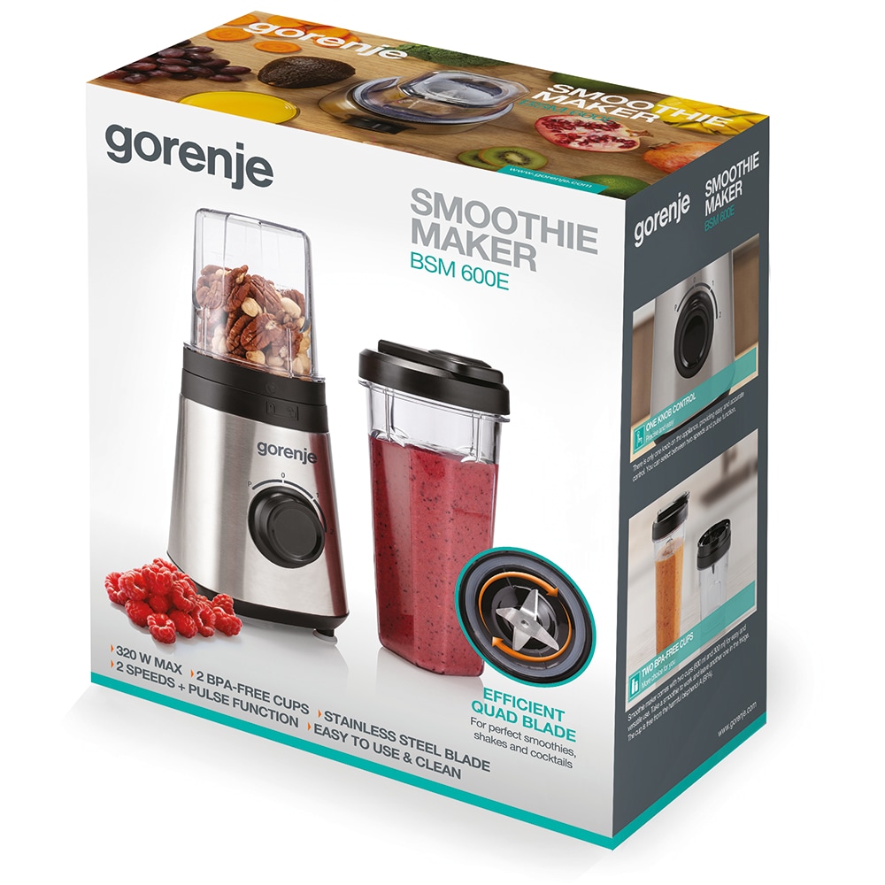 Mini blender GORENJE BSM600E, 0.6l, 320W, 2 trepte viteza, argintiu-negru
