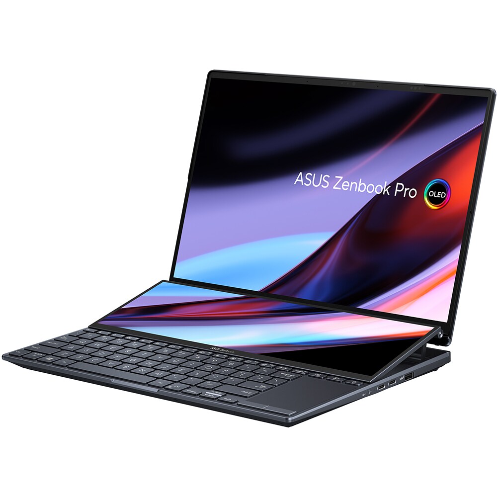 Laptop ASUS Zenbook Pro 14 Duo OLED UX8402ZE-M3062X, Intel Core i9-12900H pana la 5GHz, 14.5" 2.8K Touch, 32GB, SSD 2TB, NVIDIAGeForceRTX3050Ti 4GB, Windows 11 Pro, negru