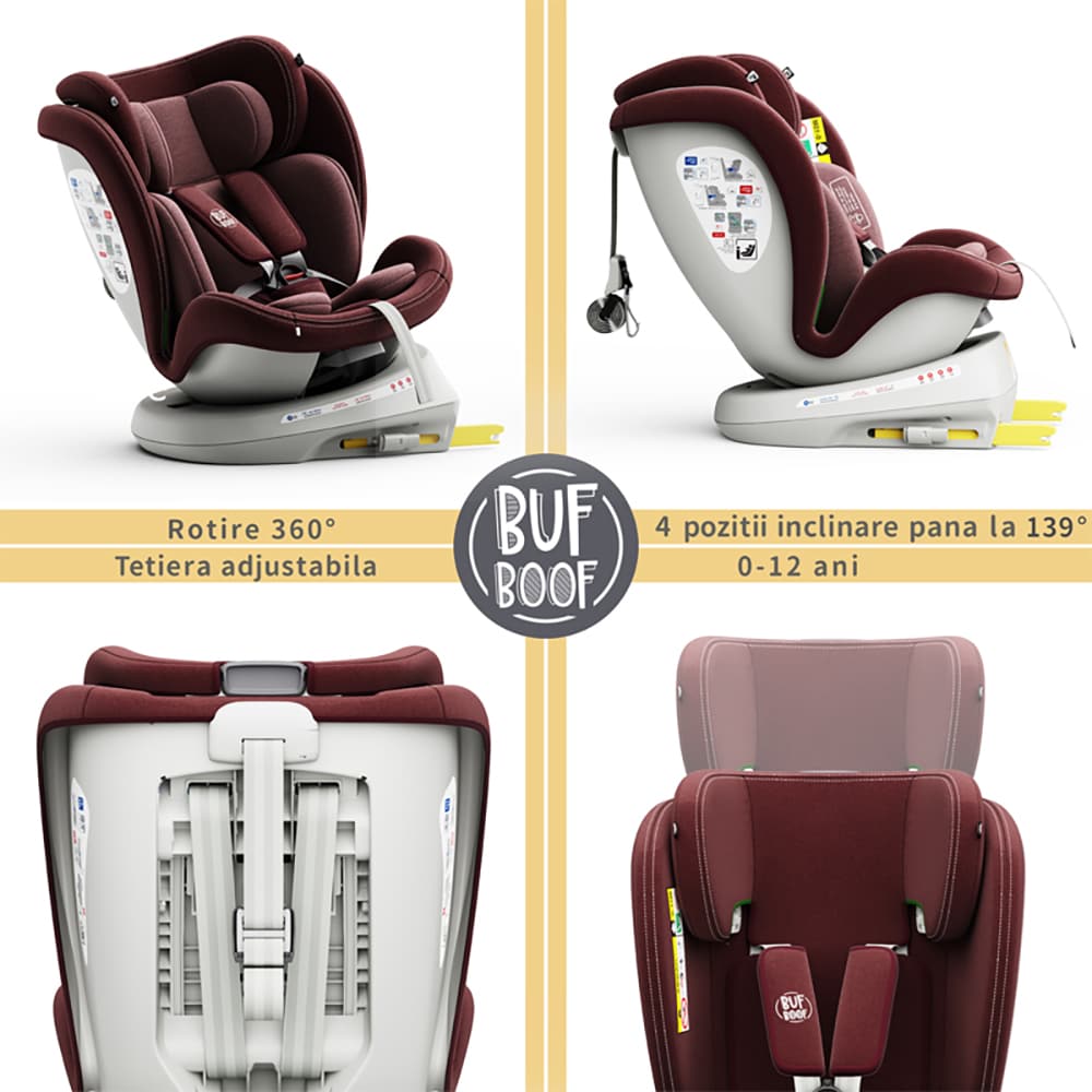 Scaun auto BUF BOOF TWT Plus rotativ 360 grade ISIZETWTRED, Isofix, 0-36 kg, R129, rosu-alb